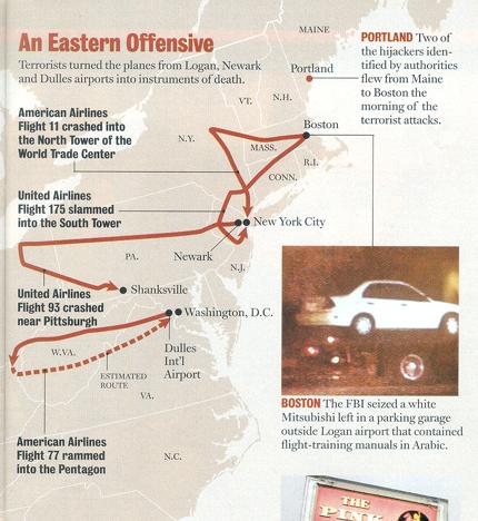 Newsweek&apos;s map of the jet paths on 9-11